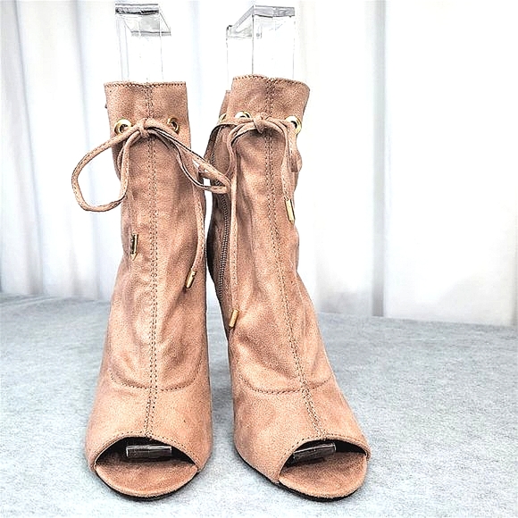 Mauve Drawstring Open Toe High Heel Ankle Boots - Picture 4 of 5